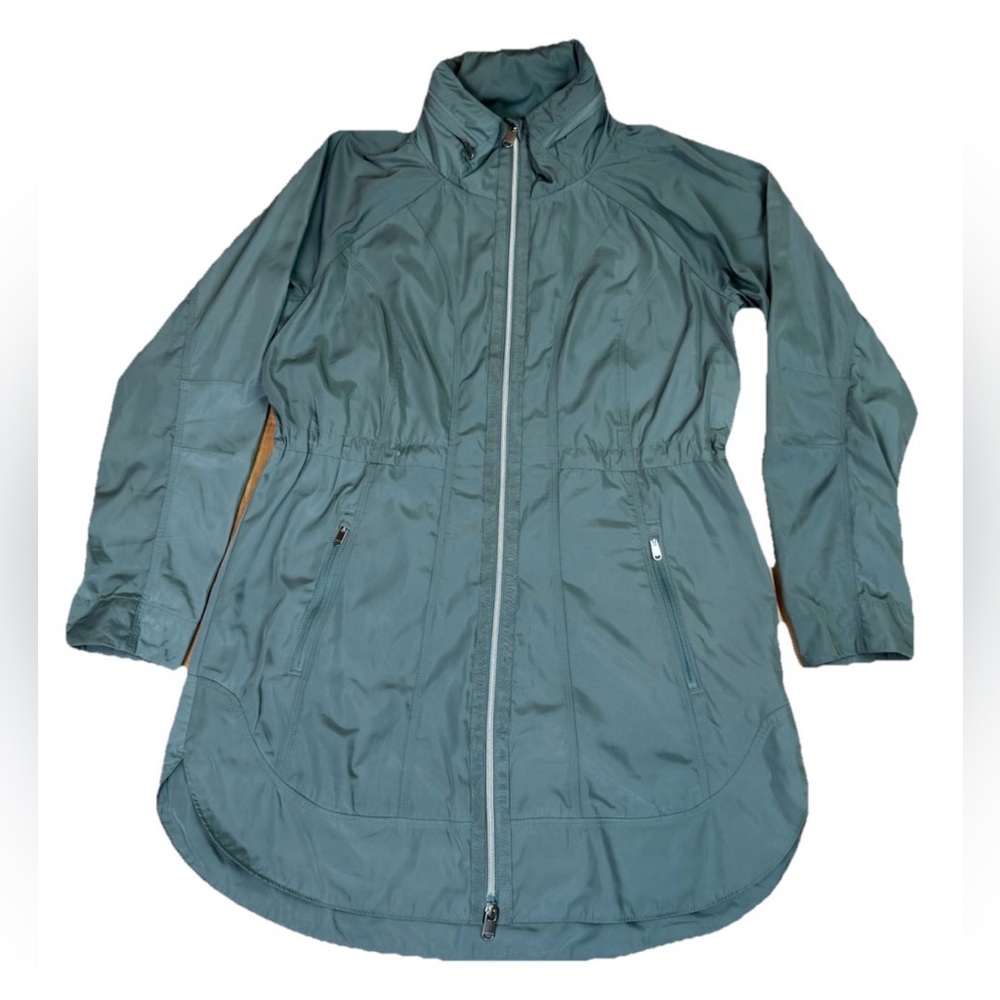Athleta Drip Drop Rain Jacket Women’s S Hooded Full 2 Way Zip Green/Gray Sporty